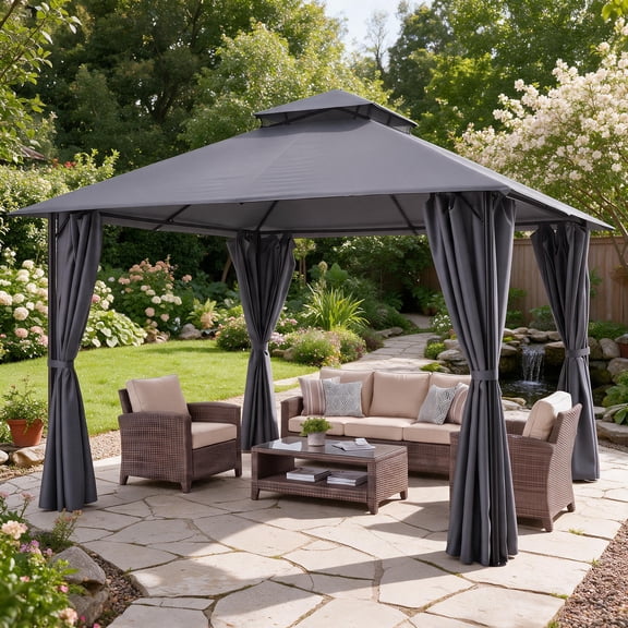 HOTEEL 10x10 Gazebos for Patios, Canopy Tent Outdoor Gazebo Backyard Gazebo Patio with Curtains and Double Roof for Party, Wedding, BBQ and Event, Gray(Updated)
