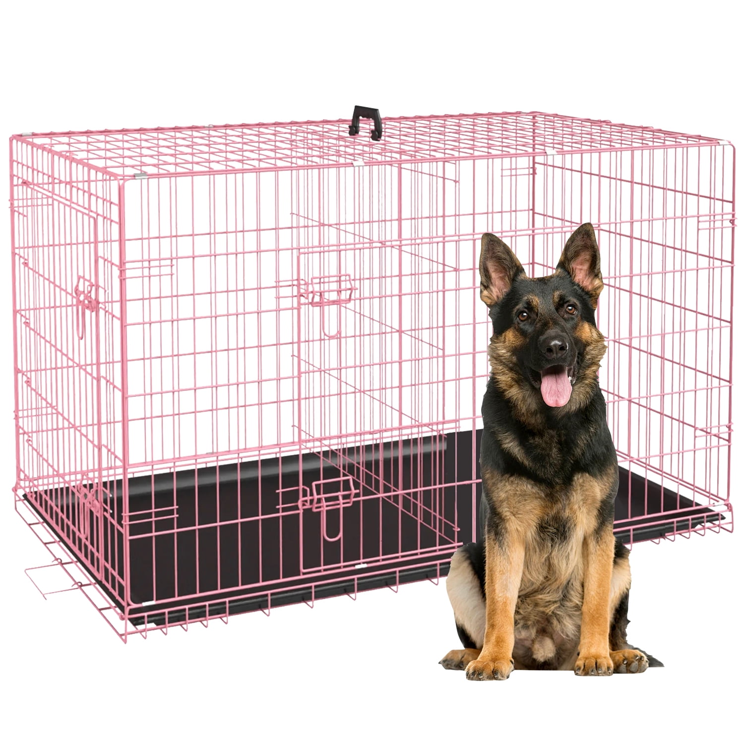 NiamVelo 48 inch Large Dog Crate Dog Cage Dog Kennel, Folding Metal Wire Pet Crate with Handle and Plastic Tray, Indoor&Outdoor, Pink XXL