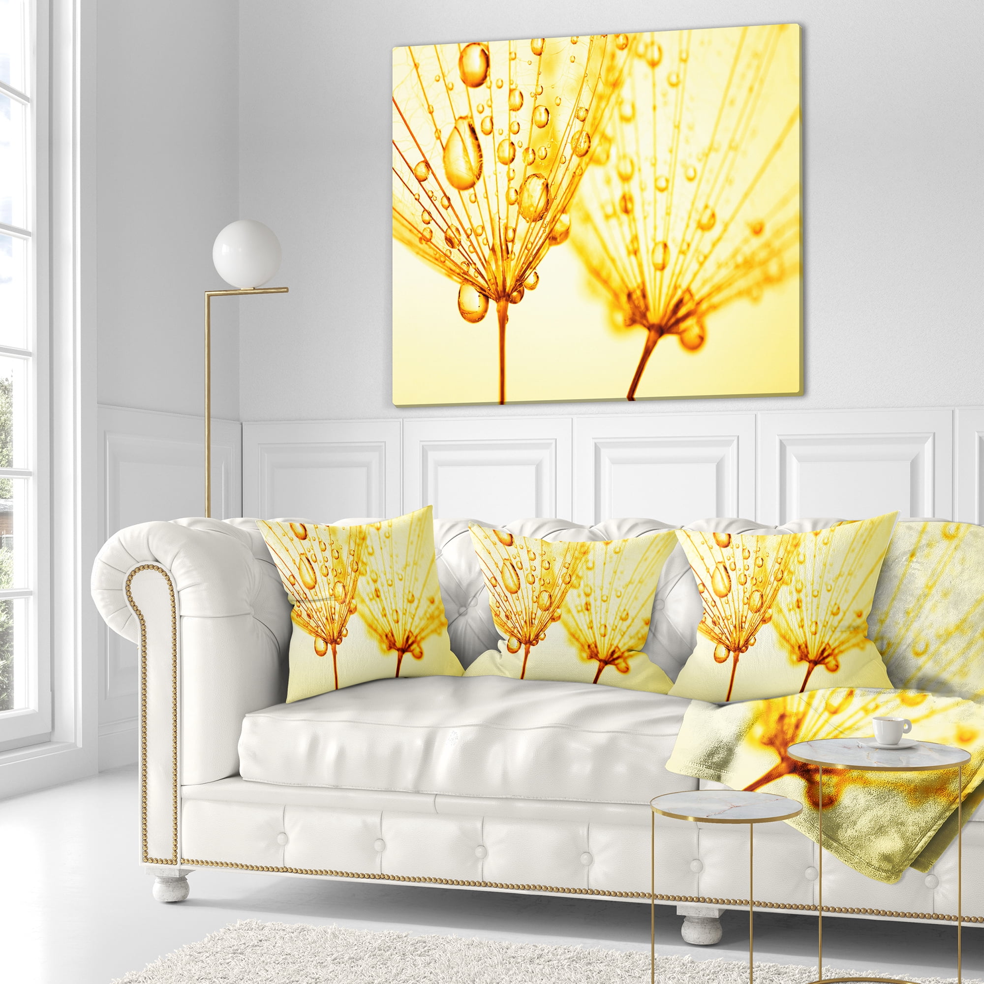 Designart Dandelion Seeds with Water Drops - Floral Throw Pillow - 18x18