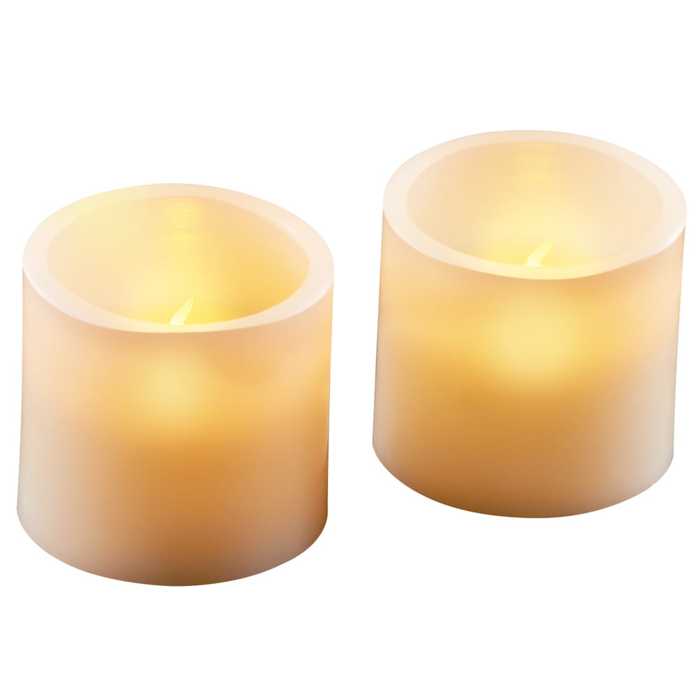 Collections Etc Led Flat Top Pillar Candles Set of 2, Beige