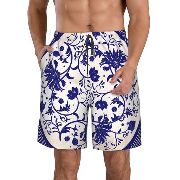 Vsdgher Blue And White Porcelain Pattern Men's Beach Shorts, Surfing shorts, Swim trunks, Quick Dry Swim Trunks for Surfing Beach Fun -Small