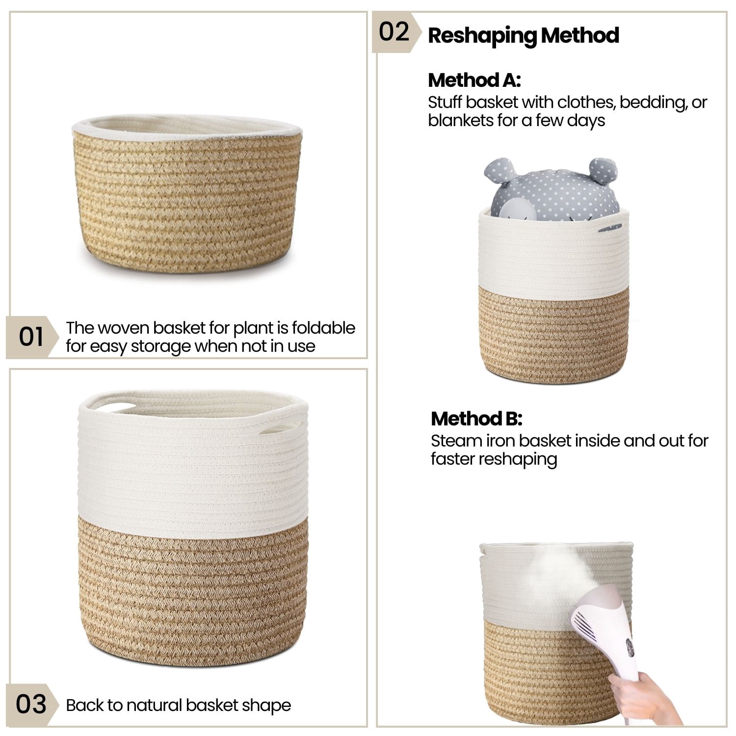 Plant Basket Modern Urban Boho Rattan Cotton Rope Basket Indoor Planter Holder (Up to 10 Inch Flower Pot) Macrame Woven Storage Organizer Bin with Handles linen mix Home Decor 11" x 11"