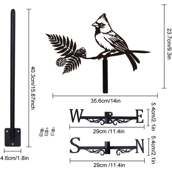Bird Weather Vane for Roof Northern Cardinal Metal Weathervane Bird on Branch Wind Vanes for Sheds Black Wind Direction Indicator for Farmhouse Yard Farm Shed Garden Decoration