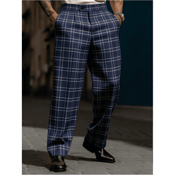 Men's four-season navy blue and white plaid printed wide-leg trousers, drape and breathable business casual dress pants, daily wear for commuter weddings