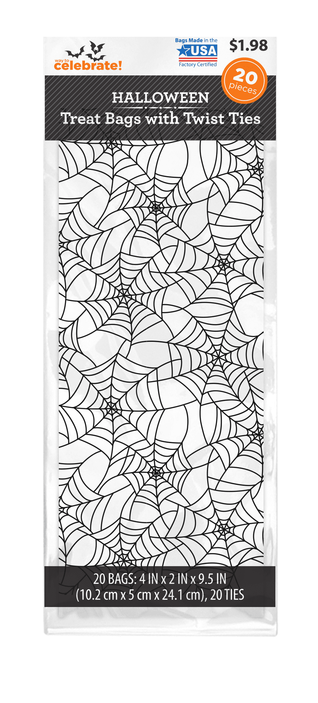 WAY TO CELEBRATE! Spiderweb Multi-color Cello Halloween Treat Party Bags, with Twist Ties 20 Count