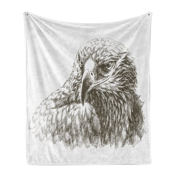 Eagle Soft Flannel Fleece Throw Blanket, Illustration of Eagle Wildlife Predator Bird Power Portrait Monochromic Art Print, Cozy Plush for Indoor and Outdoor Use, 50" x 70", Black White, by Ambesonne
