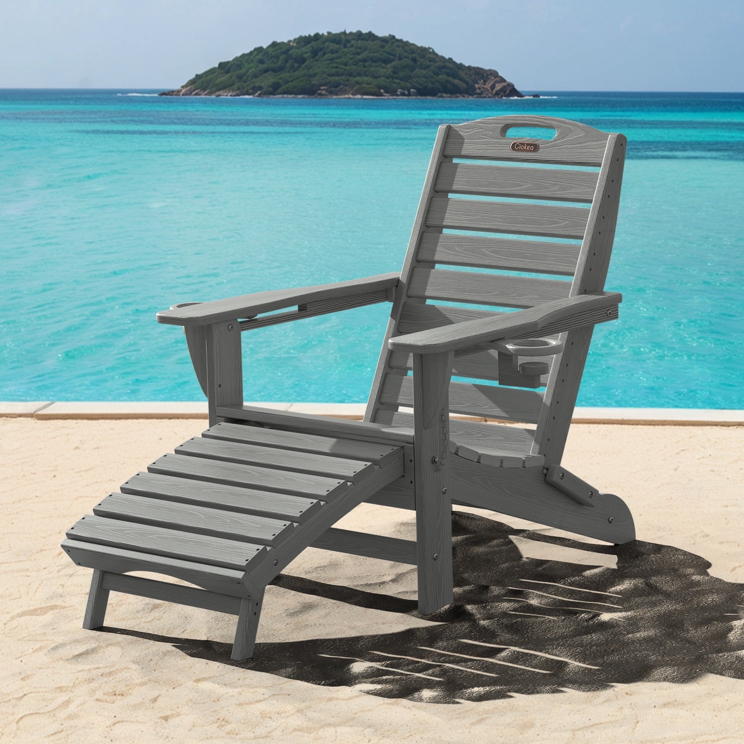 Ciokea Folding Adirondack Chair with Ottoman HDPE Pool Chair Pull Out Footrest with 2 Cup Holders Patio Garden Grey