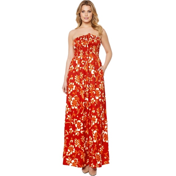 HAPPY BAY Women's Summer A-Line Maxi Smocked Top Slit Dress Long Beach Bohemian Strapless Tube Dresses for Women One Size Orange, Floral