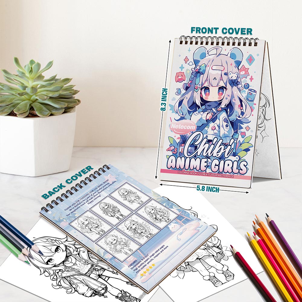 Netecom Chibi Anime Girls Coloring Book Spiral Bound for Adults and Anime Fans, A5 Wooden Cover, 30 Adorable Anime Characters Coloring Pages of Chibi Adventures for Stress Relief and Relaxation