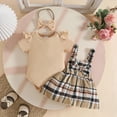 thumbnail image 2 of CAUYDY Baby Girls Cute Clothes Toddler Summer Outfits Short Sleeve Romper + Print Overall Dress + Pretty Bow Headband 3PCS for 0-3M 6-9M 12-18M Infant Girl (Sizes 3-6 Months,F2-Khaki), 2 of 9