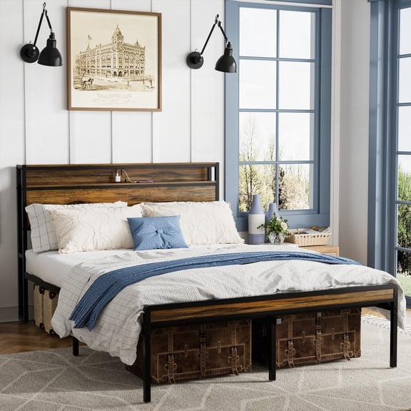 Vintage Brown Queen Bed Frame - Storage Headboard, LED Light & Charging Station - Easy Assembly