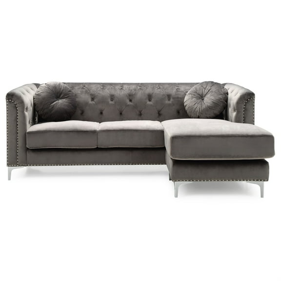 Passion Furniture Pompano 83 in. Dark Gray Tufted Velvet Sectional with 2-Throw Pillow