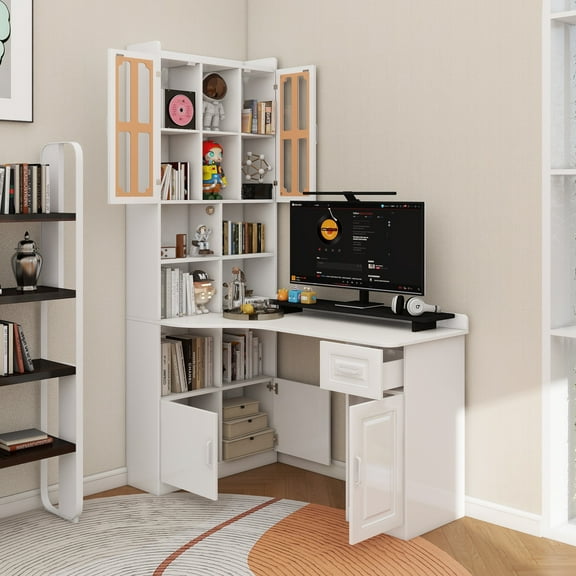 L-Shaped Corner Computer Desk for Home Office or Study desk, Study Modern Style Table with Drawers, Bookshelf & Hutch, 2-in-1 L-Shaped Design, Large Working Space,white