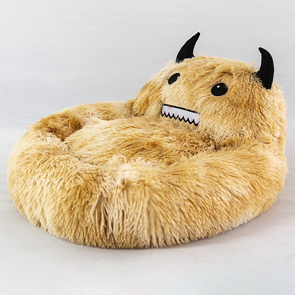 PureCasa Semi-Enclosed Cute Dog Cat Bed for Fall Winter, Comfortable Long Plush Fluffy Pet Pad House Thermal Kennel, Creative Sleeping Cushion Pads for Small Cats Dogs, Round, 1 Pack, L, Brown