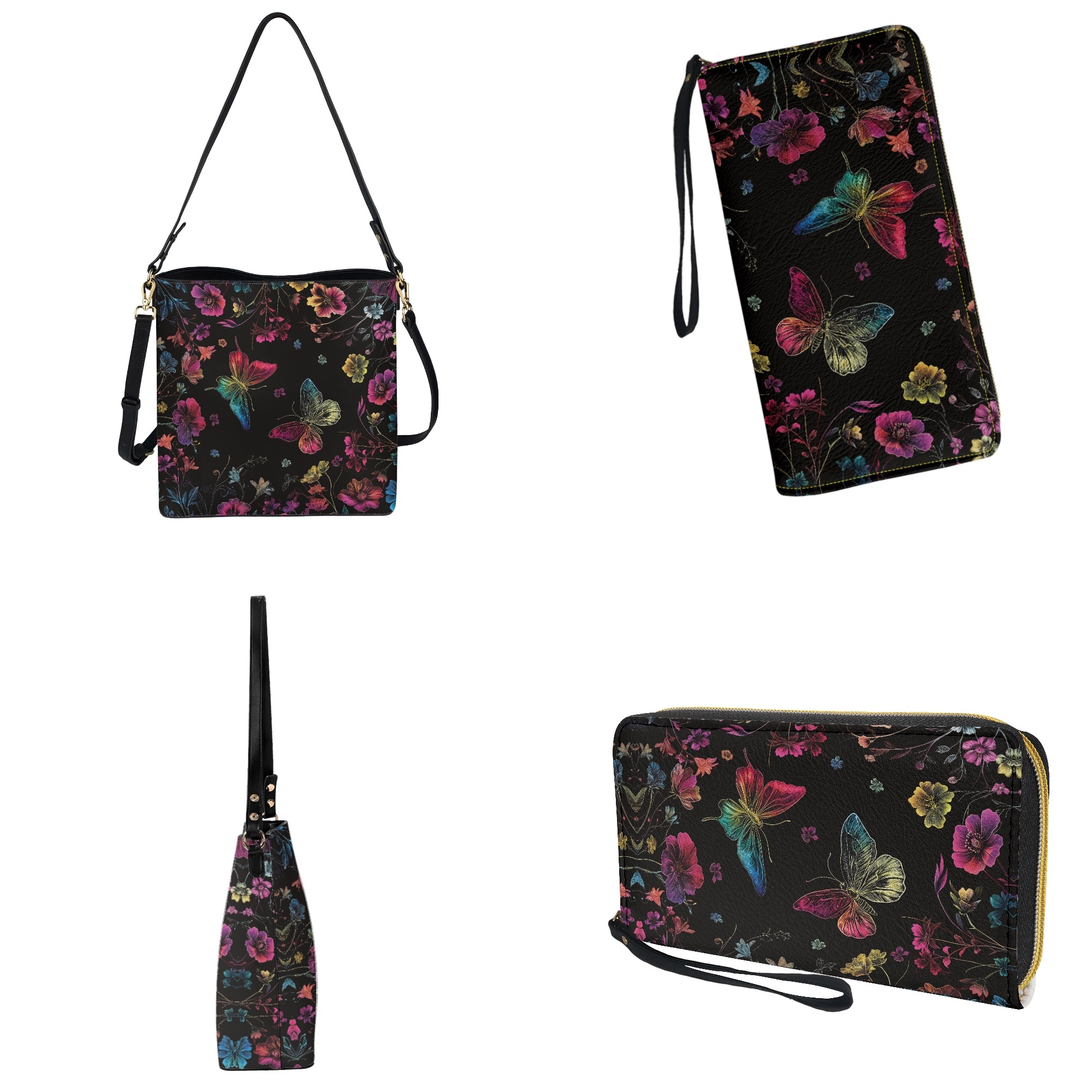 ZUXONGSY Colorful Butterfly Daisy Flower Print Bucket Purse and Wallet Set for Women Trendy Leather Crossbody Handbag with Wrist Wallet Casual Shoulder Bag with Leather Wallet for Working
