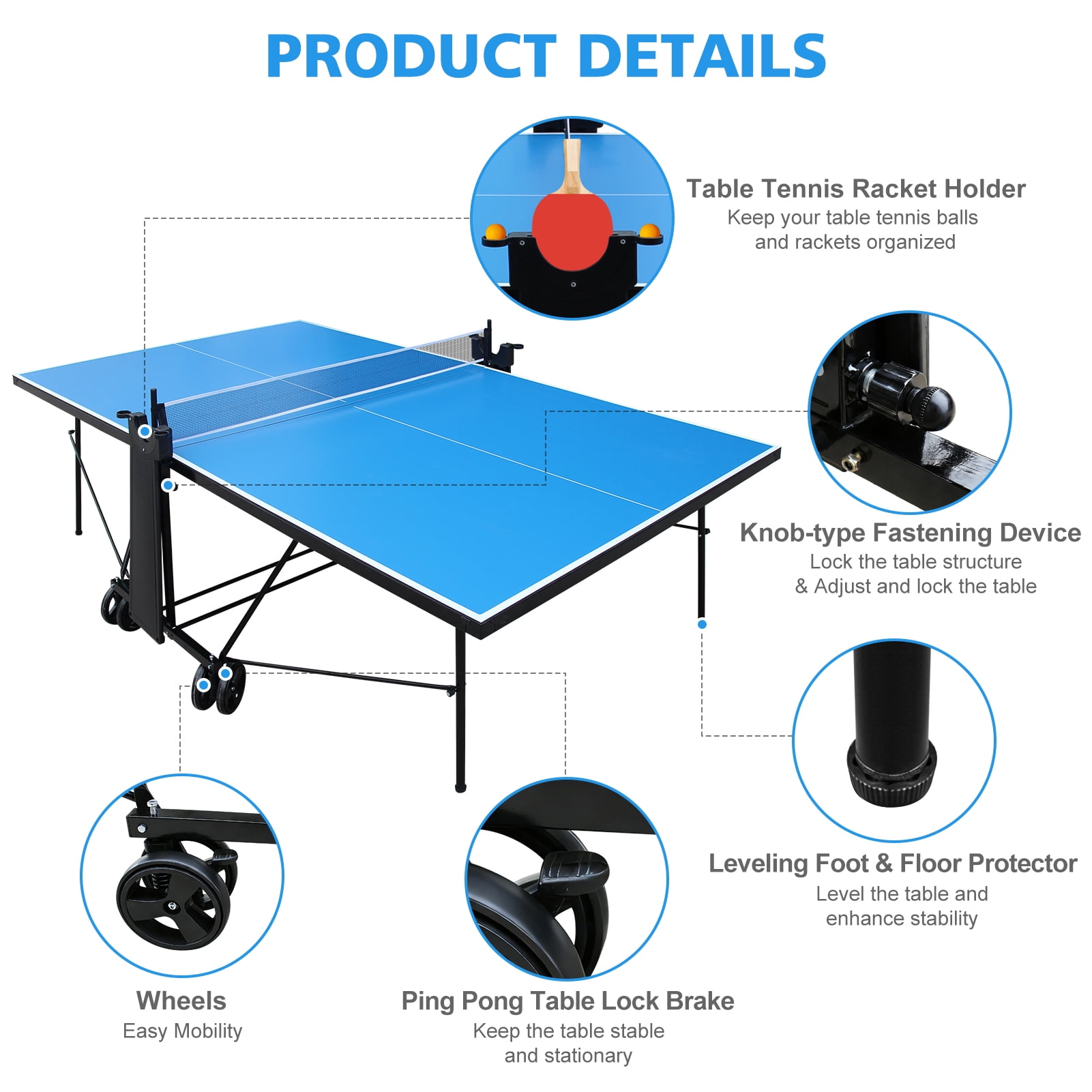 KLB Sport Outdoor/Indoor Foldable Table Tennis Table with Wheels, Weather-Resistant Mobile Ping Pong Table Set with Net, 2 Paddles & 3 Balls, Regulation Size Waterproof Ping Pong Table