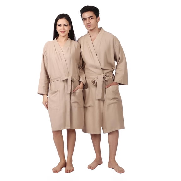 Feather Drape Women's Waffle 100% Cotton Bathrobe – Lightweight Spa Robe, Soft Breathable Loungewear, Kimono Style Belted Dressing Gown for Home, Hotel & Travel | Large | Beige