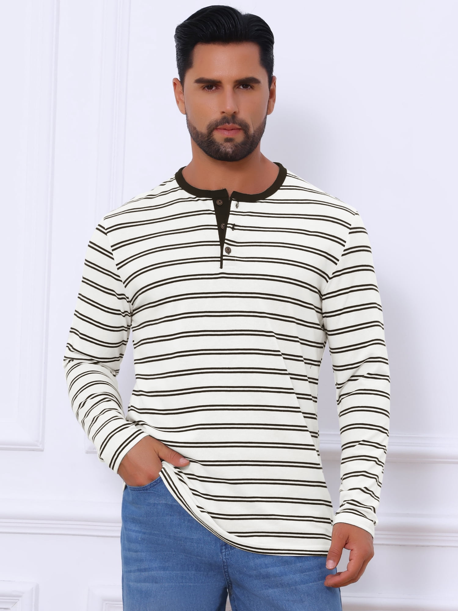 DARING DIVA Men's Long Sleeve Contrasting Colors Striped Henley T-Shirt L White