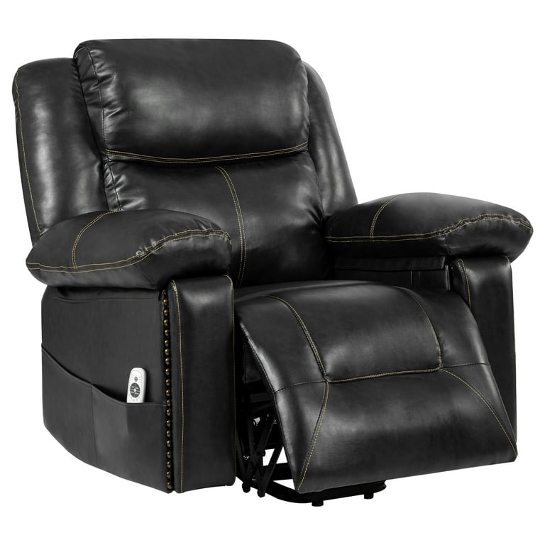 Wide Faux Leather Power Lift Recliner Chair - Heated Massage Electric  Recliner with Super Soft Padding and Cupholders, Black