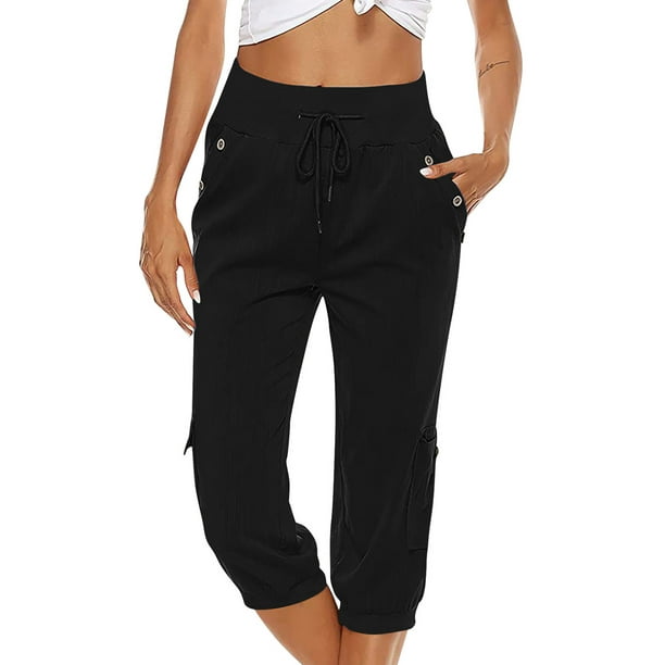 Women's Crop Capri Pant Women's Fashion Casual Solid Color High Waist Cargo  Pants A-Line Loose Wide Leg Pocket Quick Drying Pants Black XL