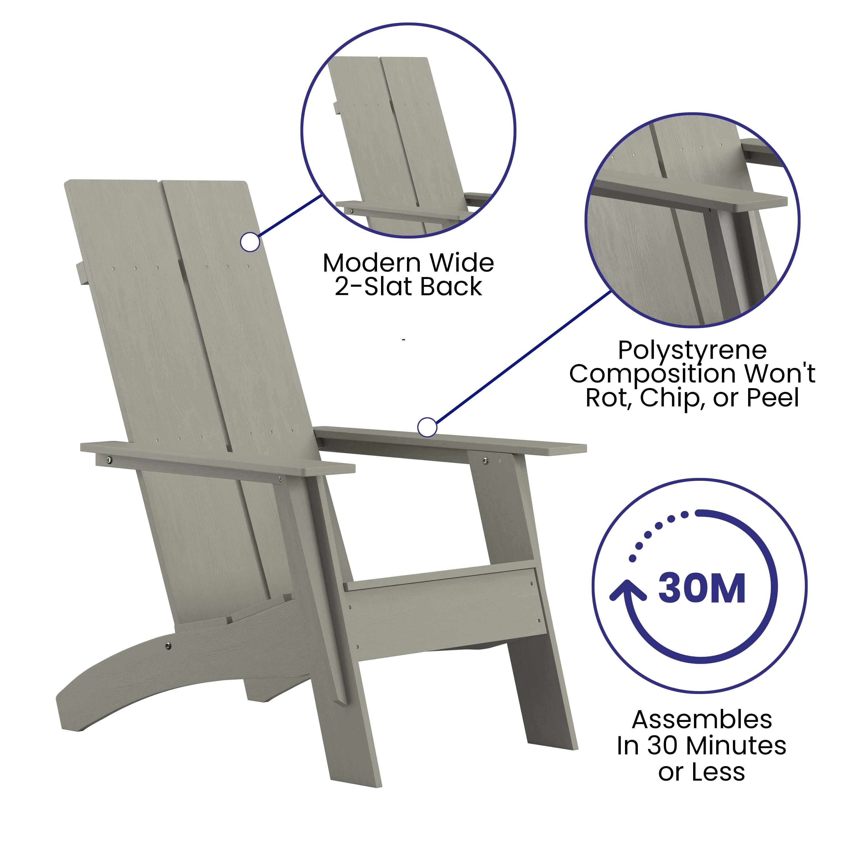 Merrick Lane Modern 2 Slat Back All-Weather Poly Resin Wood Adirondack Chair in Gray