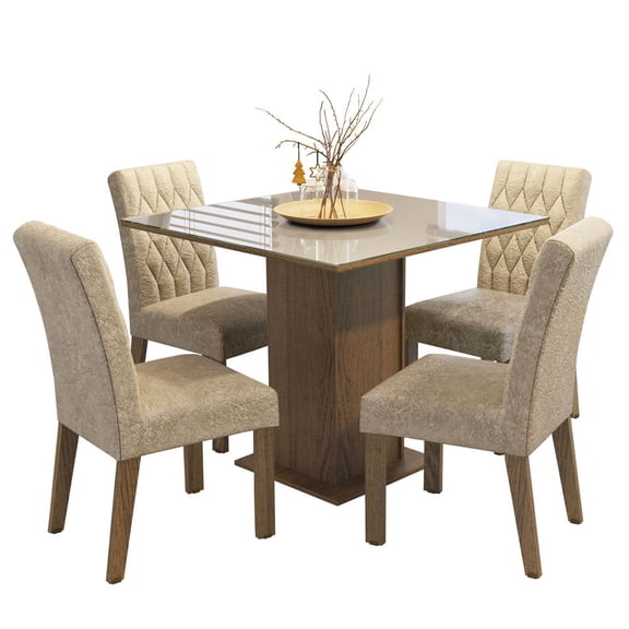 Juego de Comedor Mesa con Tablero de Vidrio 4 Sillas Marrón/Crema/Imperial Anaju Madesa