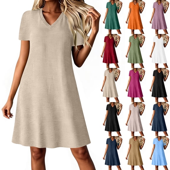 Laqbezok Women's V-Neck Short Sleeve Dress, Casual Cotton Linen Feel A-Line Sundress, Textured Solid Color Shift Dress with Back Zipper