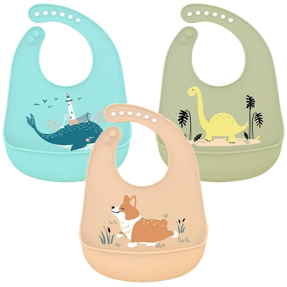 Juego de 3 baberos de silicona, impermeables, con recogedor de migas, fáciles de lavar, supersuaves y reutilizables para niños pequeños.