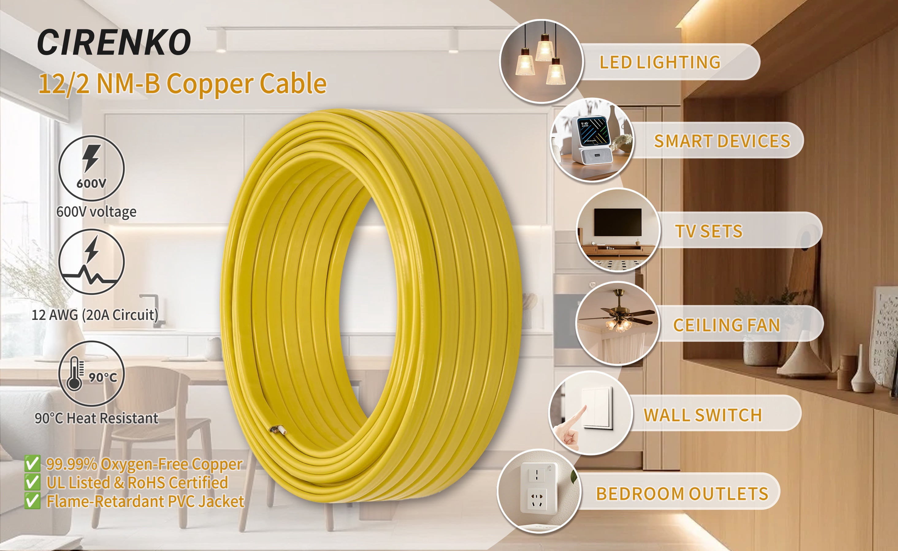 12/2 NM-B Cable 100 FT – UL Listed Residential Indoor Electrical Wire with Ground, Solid Bare Copper, 600V (Yellow Jacket)