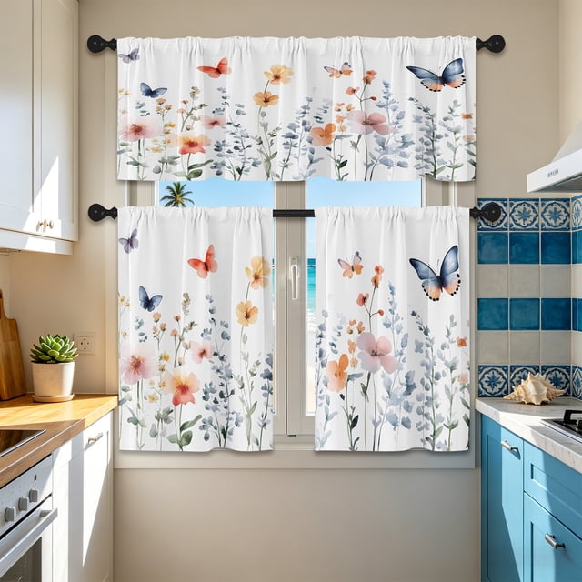 Kitchen Short Curtain Pair, 2D Printed Polyester Half Window Curtains, Waterproof Oil-Resistant Light Filtering, 137 x 45 cm, 70 x 100 cm