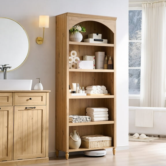 SinCiDo Tall Arched Bathroom Storage Cabinet with Adjustable Shelves, 5-Tier Bathroom Cabinet for Bathroom, Kitchen, Living Room, Natural