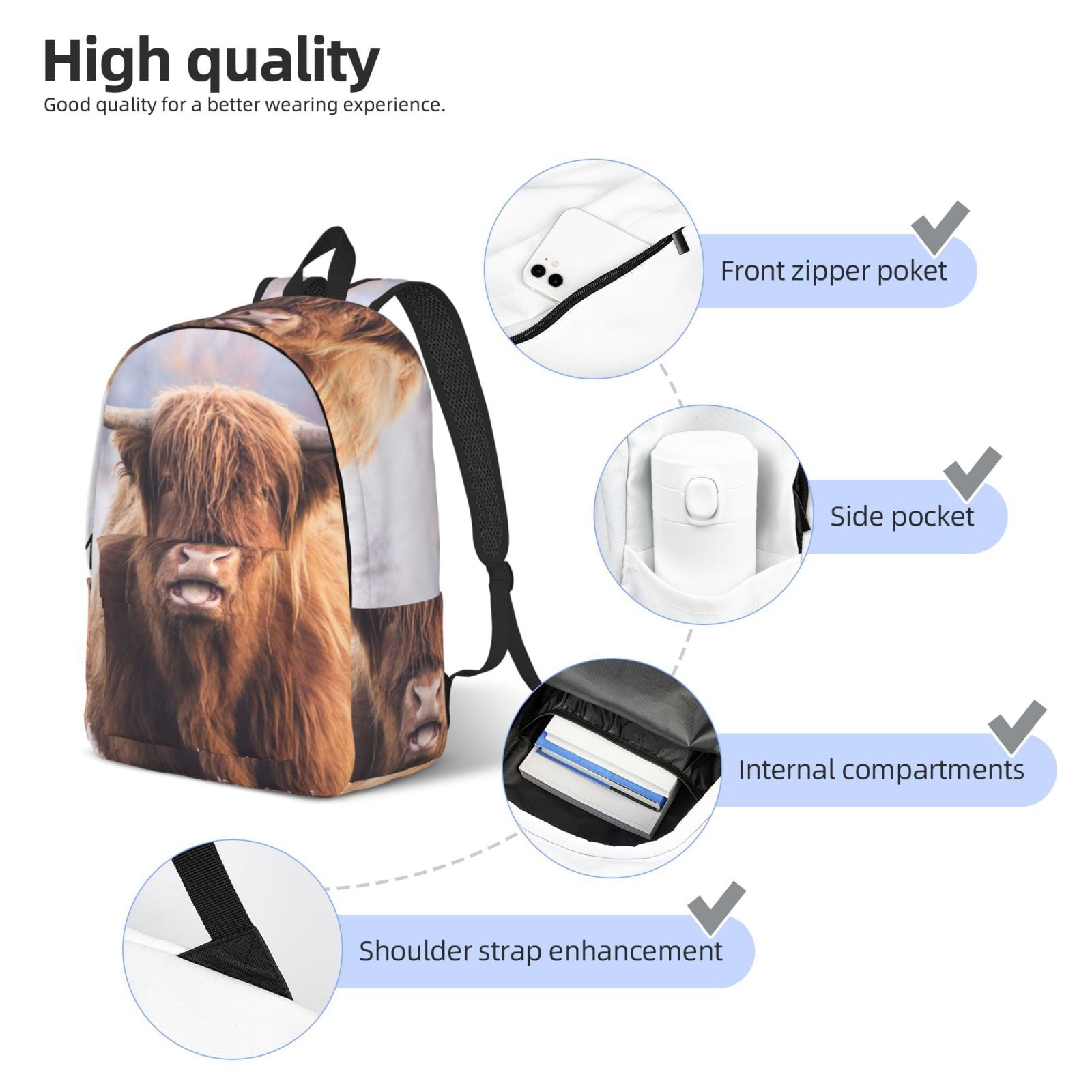 Kuqiui Cow Print Canvas Travel Laptop Backpack for Men Women,Business Work Rucksack College School Computer Bag Fits 15.6 Inch Notebook