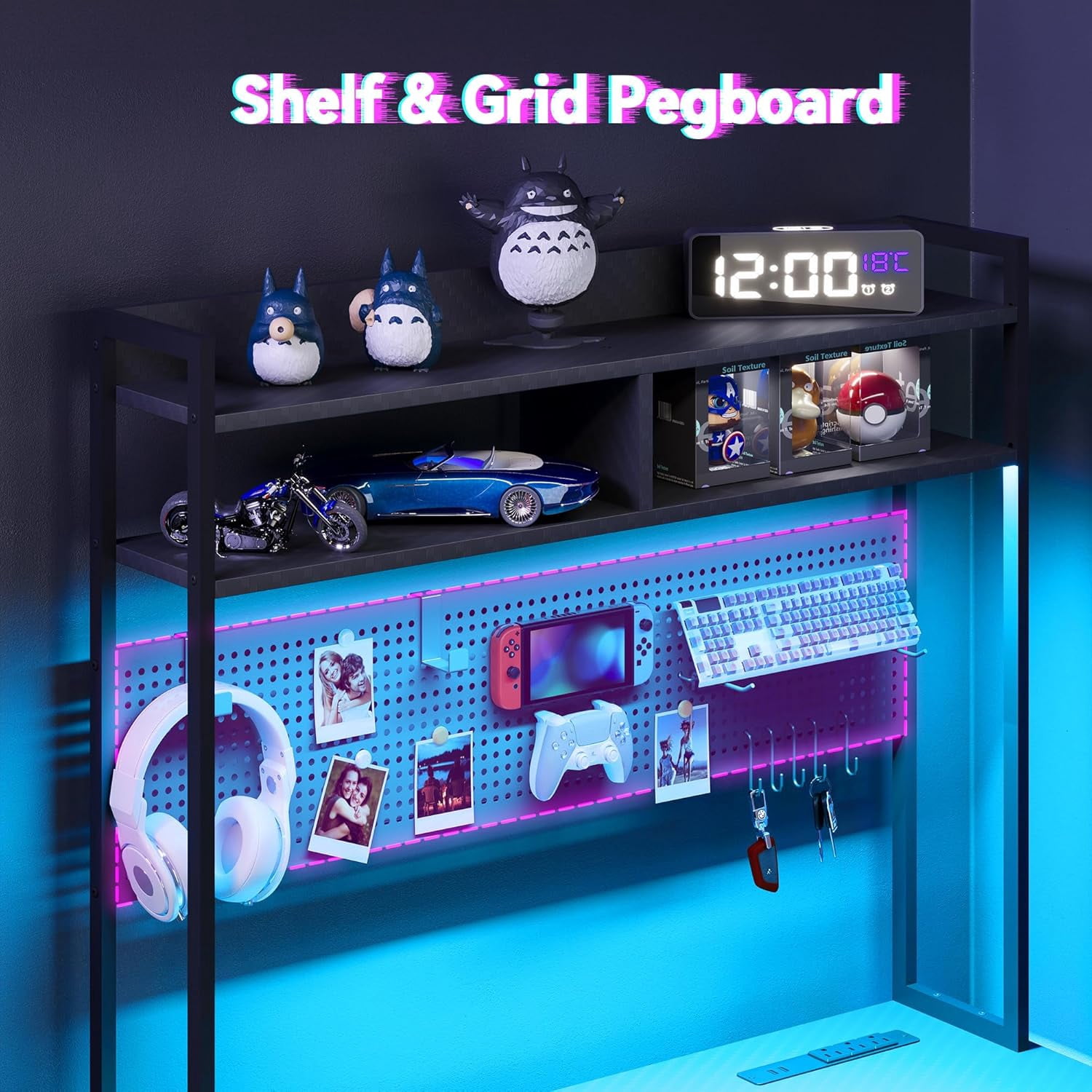 53-Inch Reversible L-Shaped Gaming Desk with LED Lights, Carbon Fiber Surface, Pegboard, Drawer, PC Tower Stand, and USB Charging Port