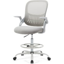 Tall Drafting Desk Chair - Ergonomic High Stool Computer with Adjustable Height and Comfy Lumbar Support, Office Rolling Counter for Standing Desk with Flip-up Arm and Footrest, Grey