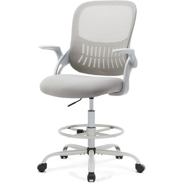Tall Drafting Desk Chair - Ergonomic High Stool Computer with Adjustable Height and Comfy Lumbar Support, Office Rolling Counter for Standing Desk with Flip-up Arm and Footrest, Grey