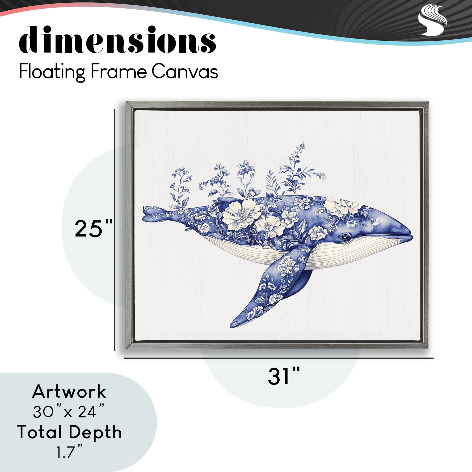 Blooming Toile Whale Gray Framed Floater Canvas Wall Art, design by Lettered and Lined