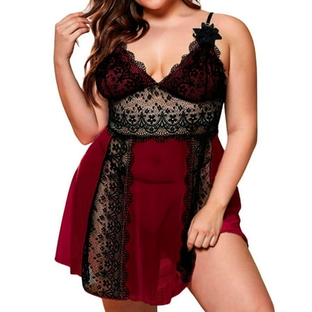 

Fashion Women Plus Size Underwear Lace Lingerie Mesh Cloth V Collar Pajamas Fashion Women Plus Lingerie Sleepwear Chemise Nightwear