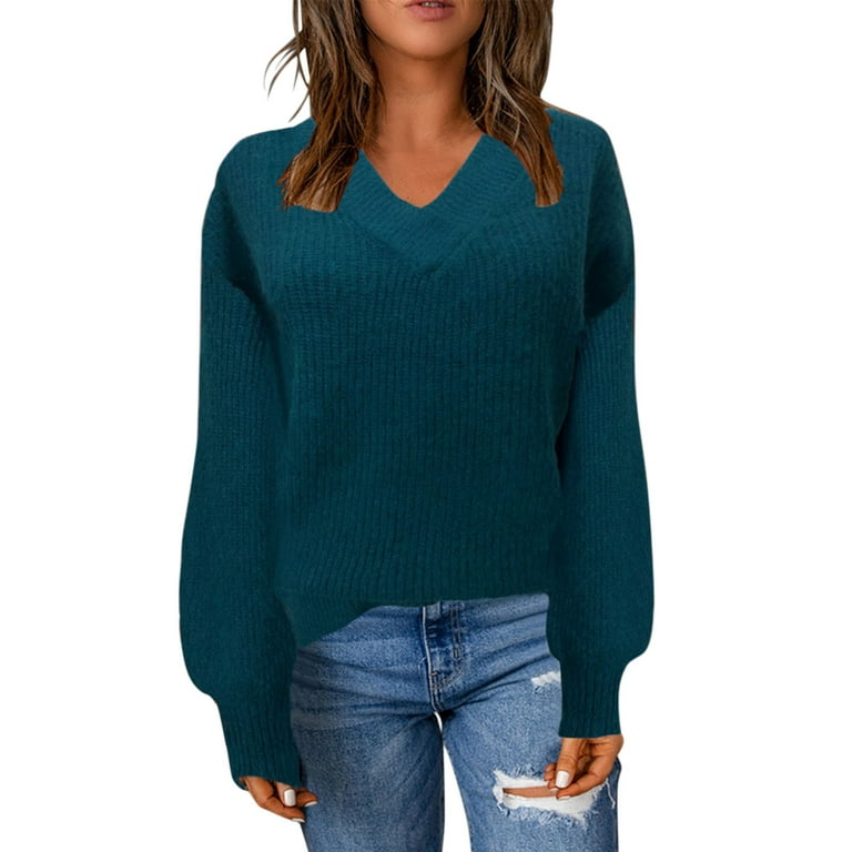 JDEFEG Clothes for Women Women Fashion V Neck Long Sleeve Solid Pullover  Sweater Knitting Top Coat Pullover Sweater Vest Men Sweaters for Women  Polyester Green S 
