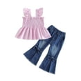 thumbnail image 2 of Loicainy Toddler Kids Little Girl Summer Outfit 6 12 24 Months 2T 3T 4T 5T Striped Flying Sleeve Smocked Ruffle Tops and Bow Denim Flare Pants 2 Piece Clothes Set, 2 of 9