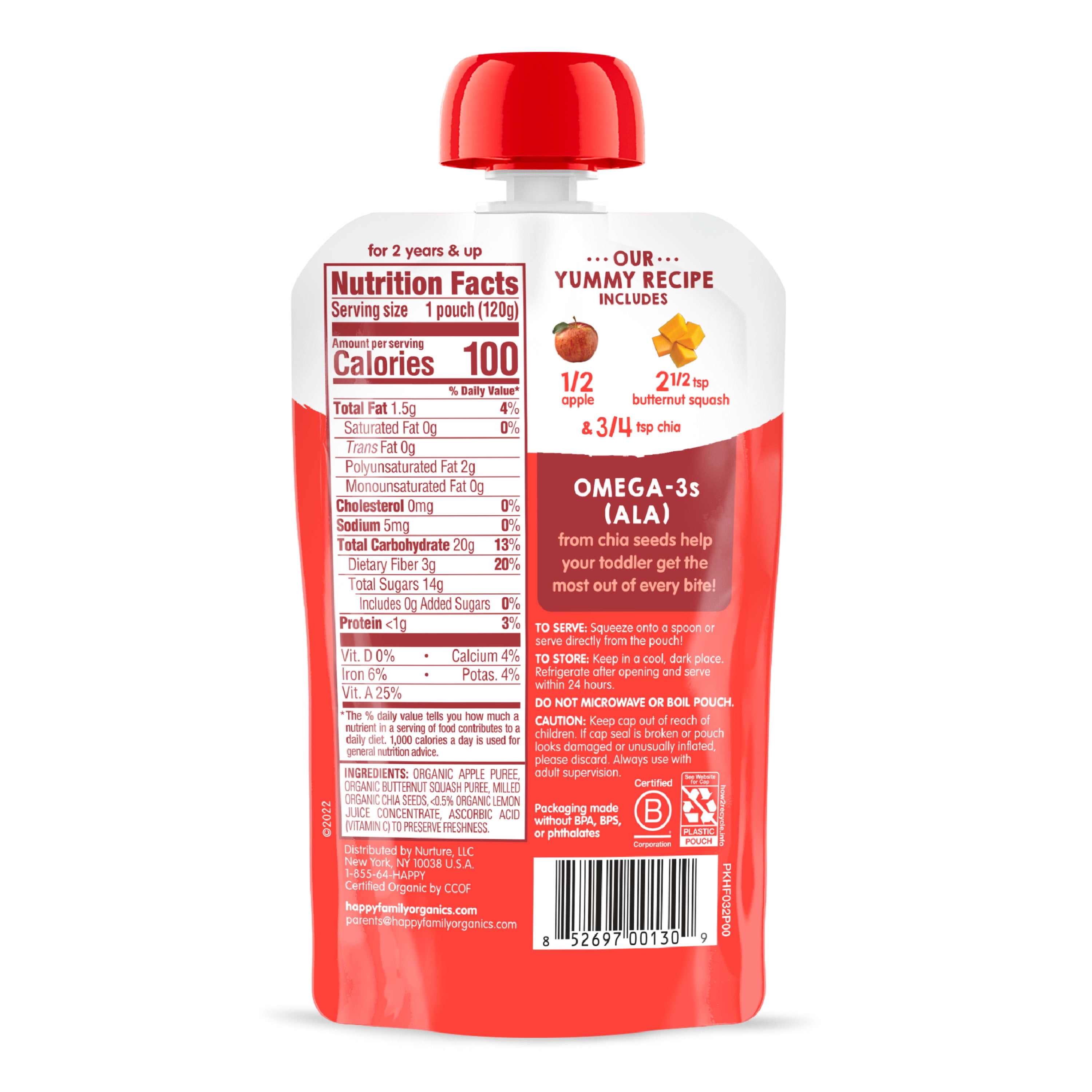 Happy Tot Organics Super Foods Stage 4, Apples Butternut Squash & Super Chia, Organic Tot Food, 4.22 oz Pouch