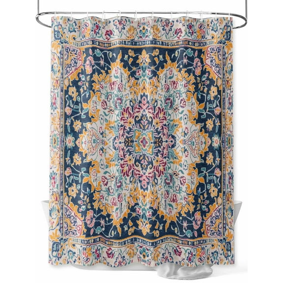 Blue Yellow Boho Extra Long Shower Curtain Set, Waterproof Shower Curtains for Bathroom, Ethnic Vintage Mexican Flowers Southwestern Washable Fabric Bath Curtain for Bathtub with Hooks 72x96 Inches