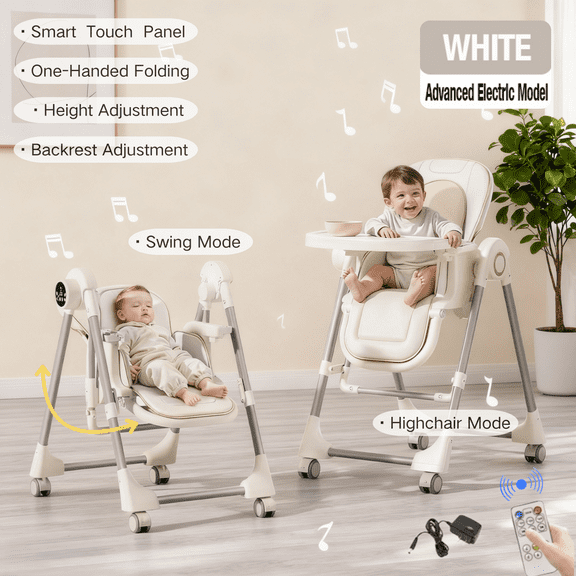 Electric 2 in 1 Baby High Chair Convertible Baby Swing Adjustable Seat for Eating,Folding Baby Dining Chairs with Remote Control, Unisex,WHITE