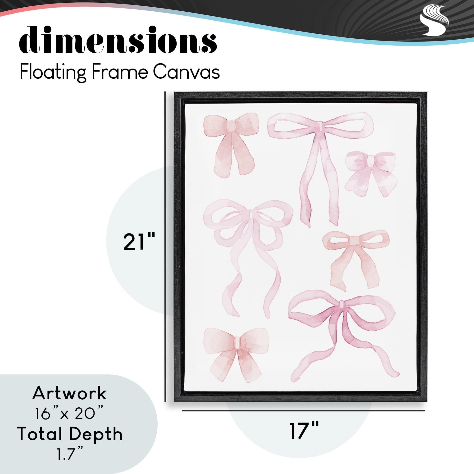 Pink Watercolor Bows Black Framed Floater Canvas Wall Art, design by Kim Allen