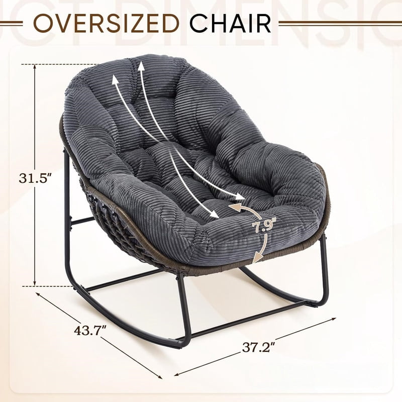Outdoor Rattan Rocking Chair, Rocking Papasan Chair with Thick Cushion, Comfy Wicker Egg Chairs Lounge Recliner Chair, Padded Cushion Rocker