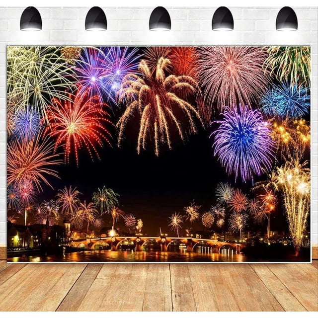 Tapiz de vinilo con diseño de fuegos artificiales en la ciudad de Nochevieja, 150 x 100 cm