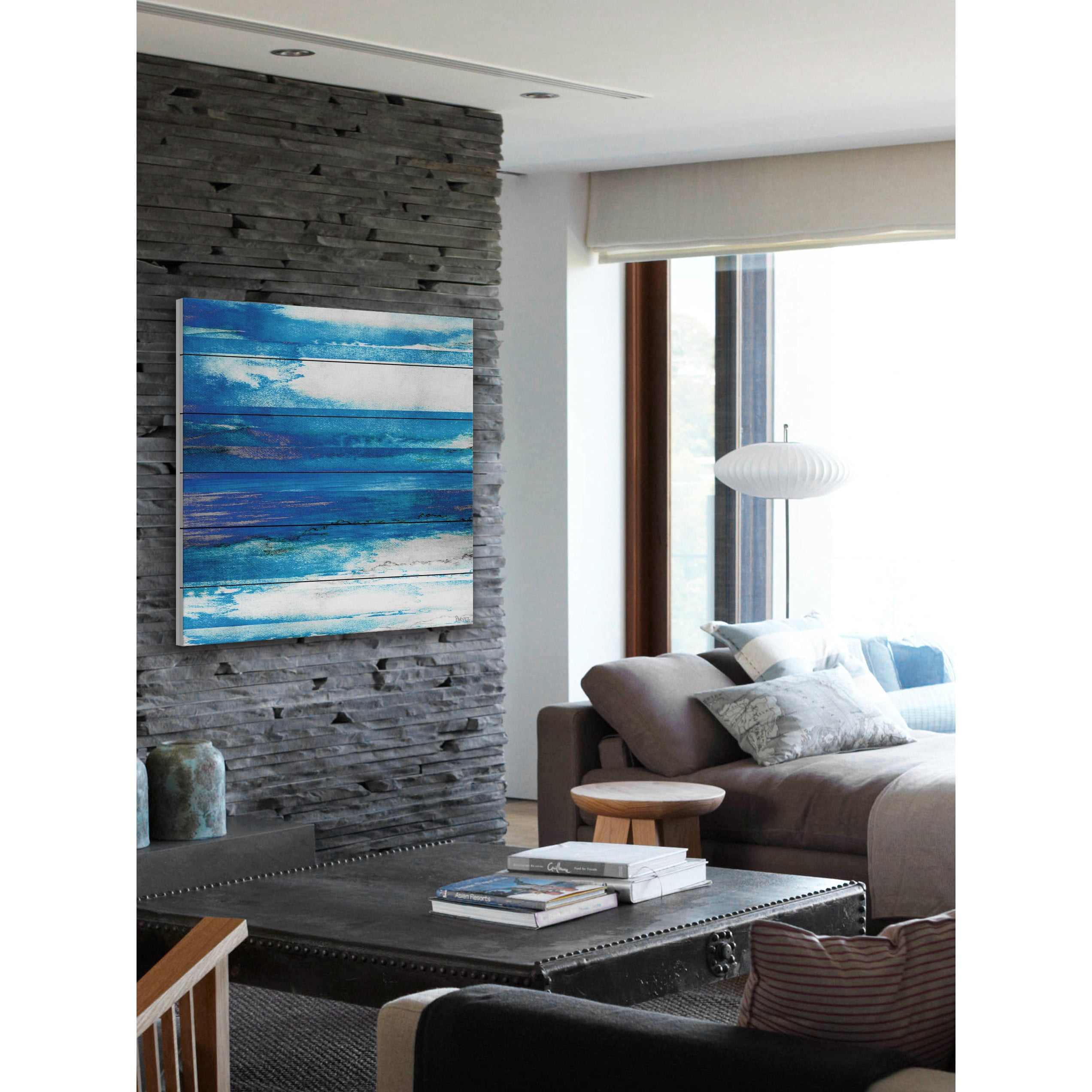 "Blue Painted Ocean" Painting Print on White Wood