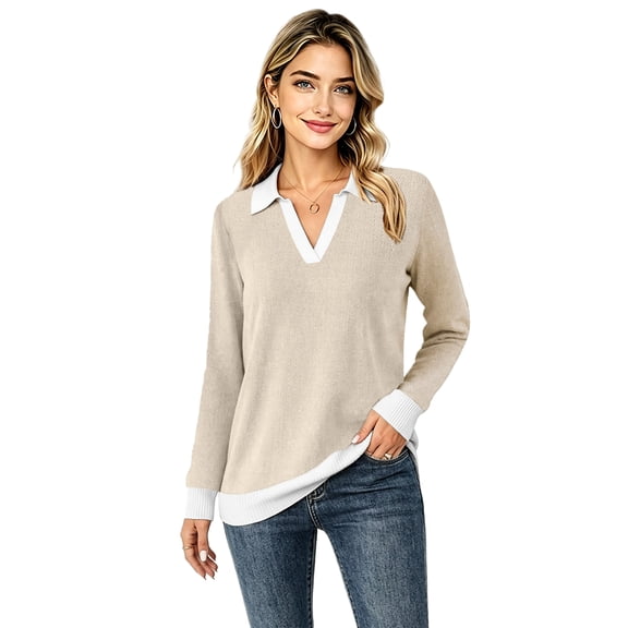 MecTo Women's Herringbone Knit Polo Sweater V Neck Long Sleeve Casual Fall Pullover