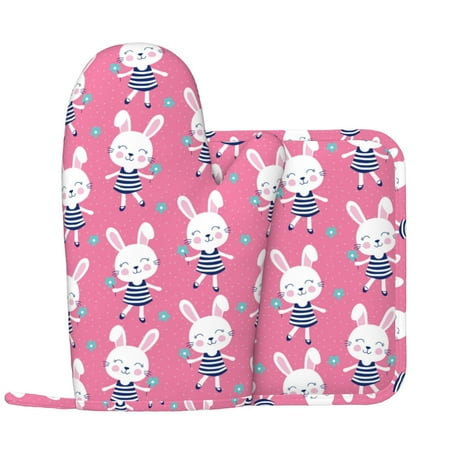 

Oven Mitts and Pot Holders Sets Feminine Pink Cute Rabbit Flower Non-Slip Silicone Oven Gloves Potholders Cotton Lining Heat Resistant Gloves Hot Pads for Kitchen Cooking Baking