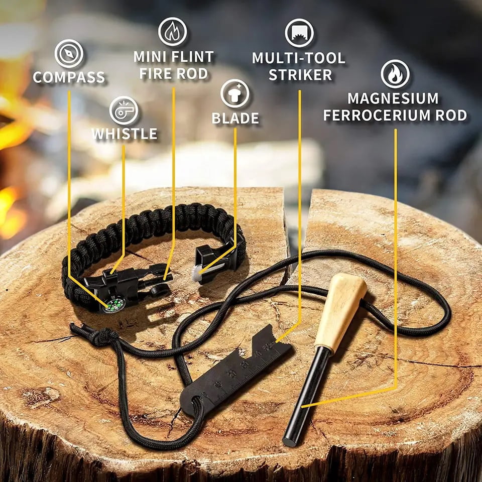Flint And Tinder Survival Fire Starter Kit With Ferro Rod & Tinder Rope ...