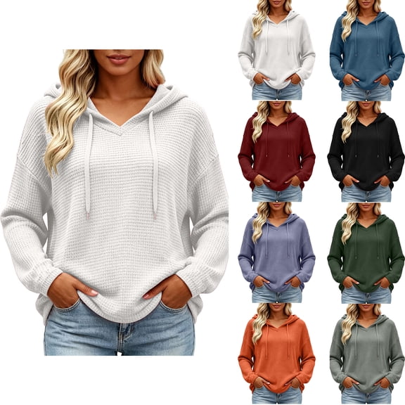Womens Pullover Hoodies Zaewscy Women's Fall Casual Hooded V Neck Long Sleeve Sweatshirt White M
